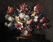 Juan de Arellano roses and other flowers in a wicker basket on a ledge Spain oil painting artist